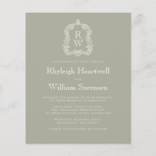 Budget Sage Green Monogram Crest Wedding Uitnodigi (Voorkant)