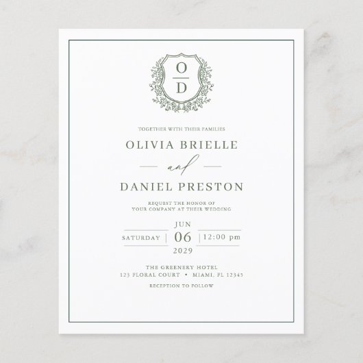 Budget Sage Green Monogram Huwelijksuitnodiging (Voorkant)