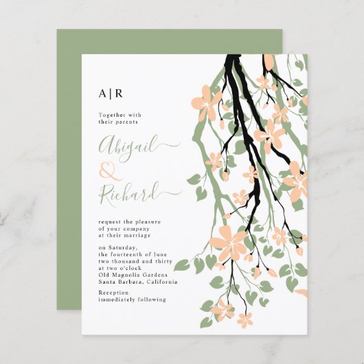 BUDGET Sage green, perzikflorale bruiloft uitnodig (Voorkant / Achterkant)