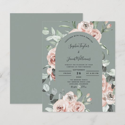 Budget Sage Green Pink Floral Weddenschap (Voorkant / Achterkant)