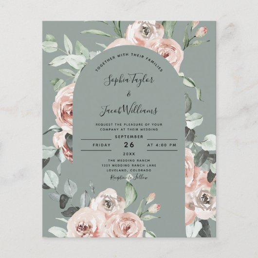 Budget Sage Green Pink Floral Weddenschap (Voorkant)