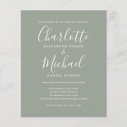 Budget Sage Green Script Wedding Invitation (Voorkant)