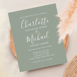 Budget Sage Green Script Wedding Invitation<br><div class="desc">Deze elegante budgetsage groene trouwuitnodiging met de namen van de tekenstijl kan worden gepersonaliseerd met je informatie in het teken van het schrift. Ontworpen door: Thisnotme©</div>