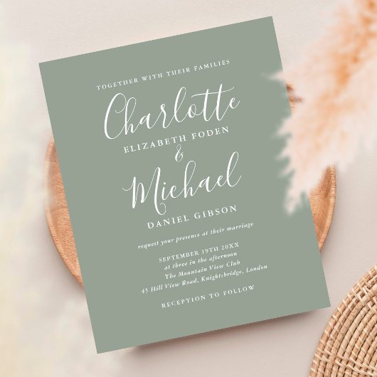Budget Sage Green Script Wedding Invitation