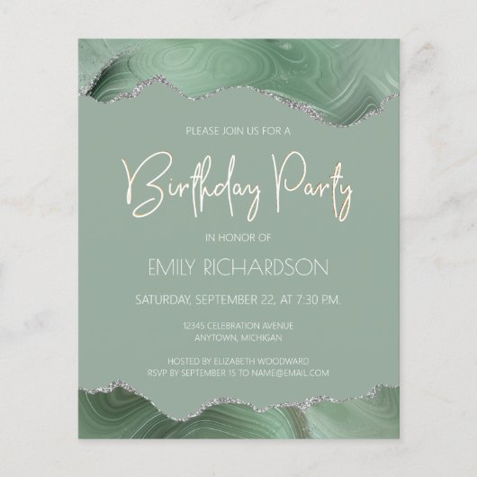 Budget Sage Green Silver Agate Birthday Uitnodigin (Voorkant)