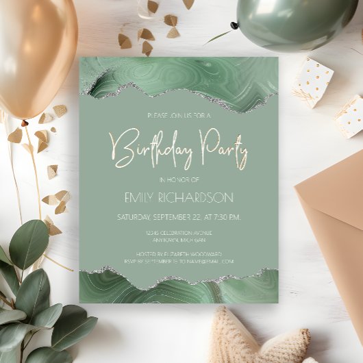 Budget Sage Green Silver Agate Birthday Uitnodigin
