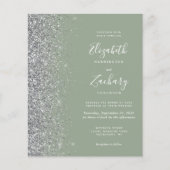 Budget Sage Green Silver Glitter Huwelijksuitnodig (Voorkant)