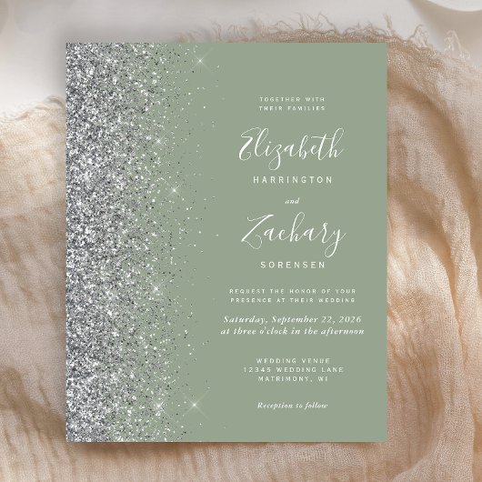 Budget Sage Green Silver Glitter Huwelijksuitnodig