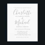 Budget Sage Green Wedding Invitation<br><div class="desc">Deze elegante budgetsage groene trouwuitnodiging met de namen van de tekenstijl kan worden gepersonaliseerd met je informatie in het teken van het schrift. Ontworpen door: Thisnotme©</div>