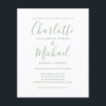 Budget Sage Green Wedding Invitation<br><div class="desc">Deze elegante budgetsage groene trouwuitnodiging met de namen van de tekenstijl kan worden gepersonaliseerd met je informatie in het teken van het schrift. Ontworpen door: Thisnotme©</div>