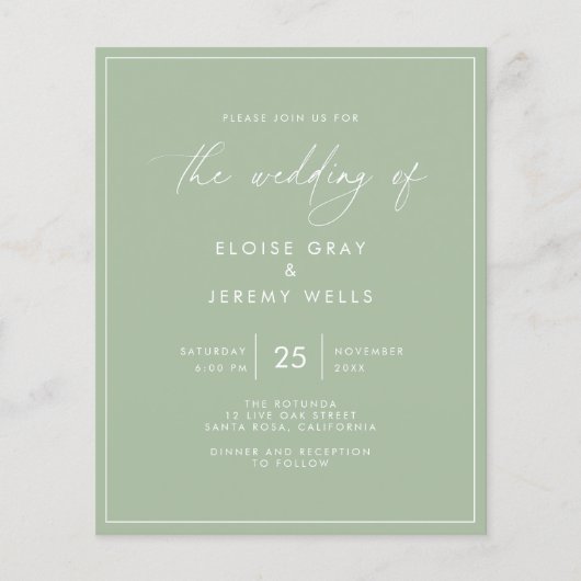 Budget Sage Green Wedding Invitation Flyer (Voorkant)