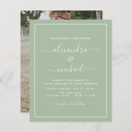 Budget Sage Green Wedding met Foto Uitnodiging (Voorkant / Achterkant)