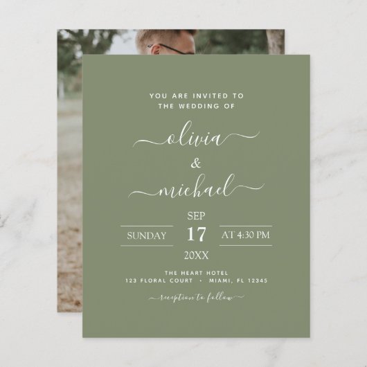 Budget Sage Green Wedding met Foto Uitnodiging (Voorkant / Achterkant)