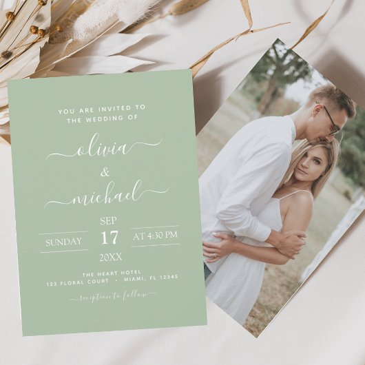 Budget Sage Green Wedding met Foto Uitnodiging Flyer