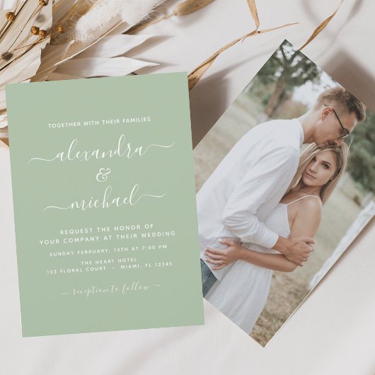 Budget Sage Green Wedding met Foto Uitnodiging Flyer