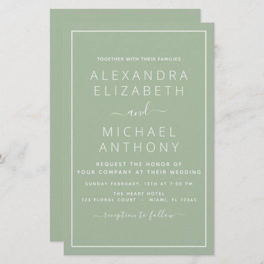 Budget Sage Green Wedding Moderne Uitnodiging (Voorkant / Achterkant)