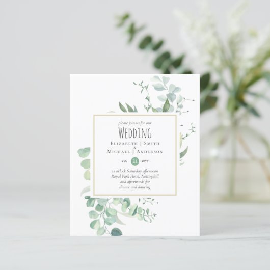 BUDGET Sage Greenery Eucalyptus Wedding Invitae (Staand voorkant)