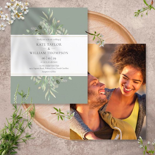 Budget Sage Greenery Wedding Foto Uitnodiging