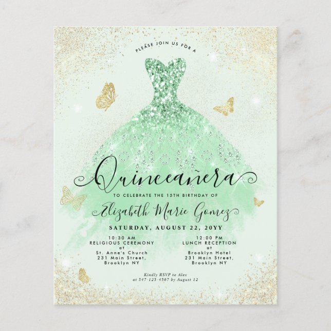 Budget Sage Groen Goud Glitter Gown Quinceanera (Voorkant)