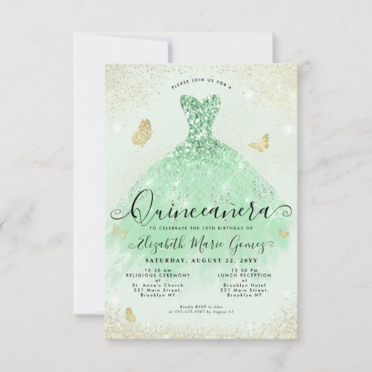 Budget Sage Groen Goud Glitter Gown Quinceanera Notitiekaartje (Voorkant)