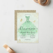 Budget Sage Groen Goud Glitter Gown Quinceanera Notitiekaartje (Voorkant / Achterkant in situ)