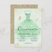 Budget Sage Groen Goud Glitter Gown Quinceanera Notitiekaartje (Voorkant / Achterkant)