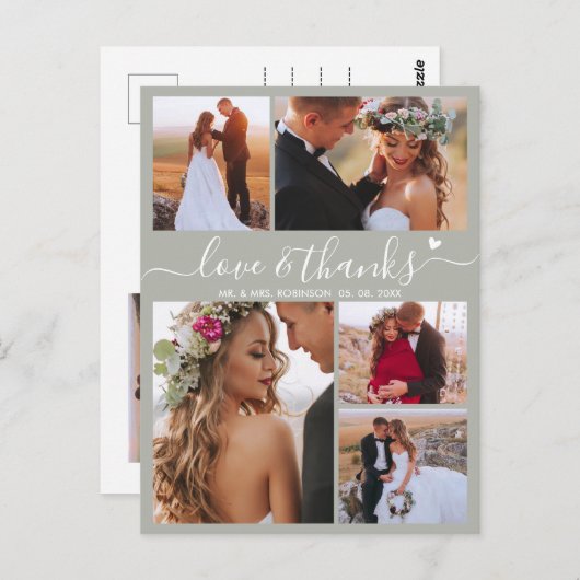 Budget Sage Groen Script Foto Bruiloft Dank u Briefkaart (Voorkant / Achterkant)