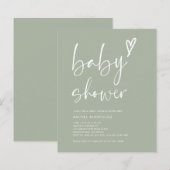 Budget Sage Groen Script Hart Baby shower Invite (Voorkant / Achterkant)