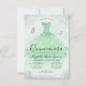 Budget Sage Groen Zilver Glitter Gown Quinceanera Notitiekaartje (Voorkant)