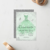 Budget Sage Groen Zilver Glitter Gown Quinceanera Notitiekaartje (Voorkant / Achterkant in situ)