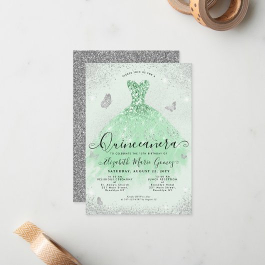 Budget Sage Groen Zilver Glitter Gown Quinceanera Notitiekaartje (Voorkant / Achterkant in situ)