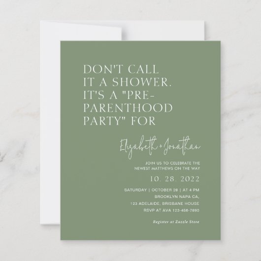 Budget Sage Groene Baby Shower Uitnodiging (Voorkant)