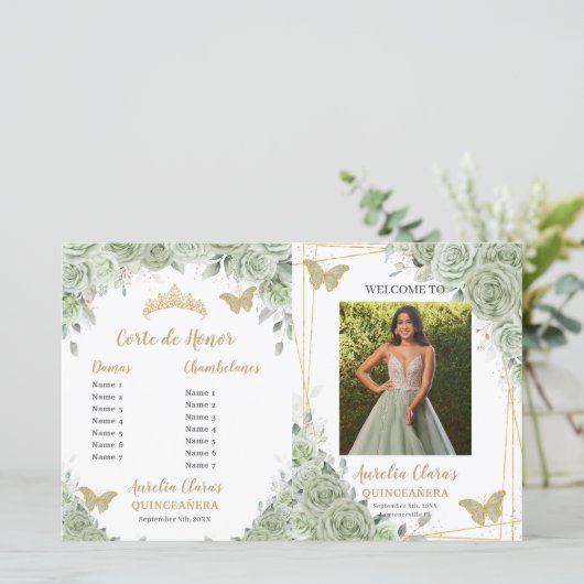 Budget Sage Groene Bloemen Quinceanera Fotoprogram (Staand voorkant)
