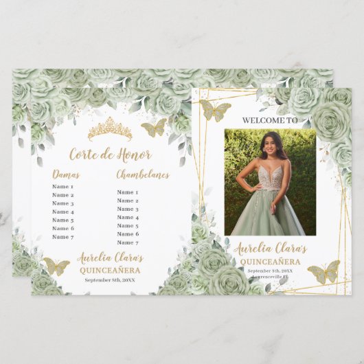 Budget Sage Groene Bloemen Quinceanera Fotoprogram (Voorkant / Achterkant)