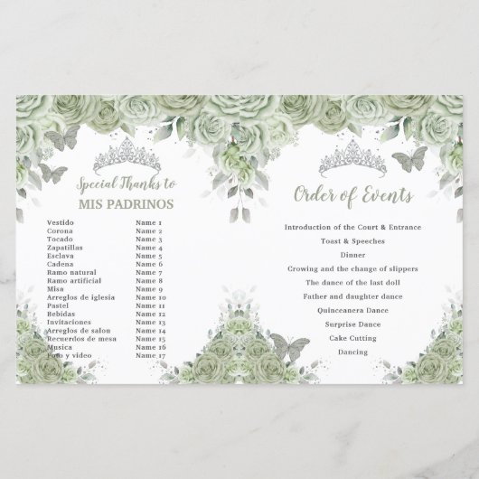 Budget Sage Groene Bloemen Quinceanera Fotoprogram (Achterkant)