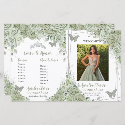 Budget Sage Groene Bloemen Quinceanera Fotoprogram (Voorkant / Achterkant)