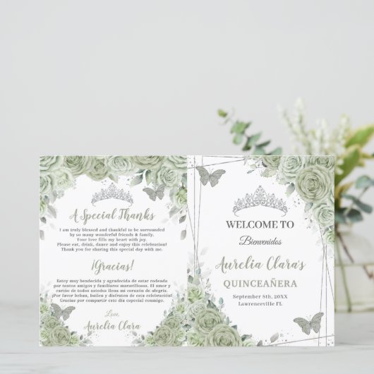Budget Sage Groene Bloemen Quinceañera XV Programm (Staand voorkant)