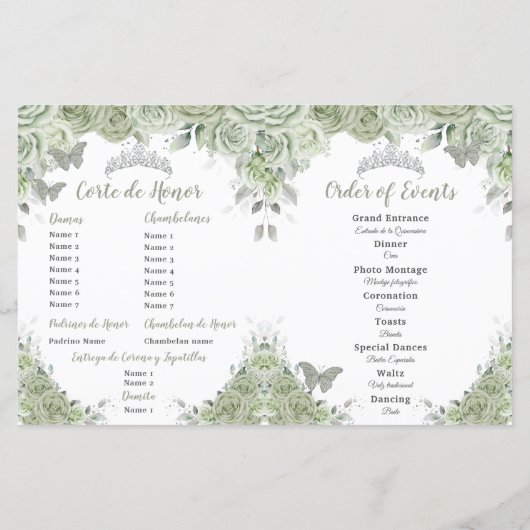 Budget Sage Groene Bloemen Quinceañera XV Programm (Achterkant)