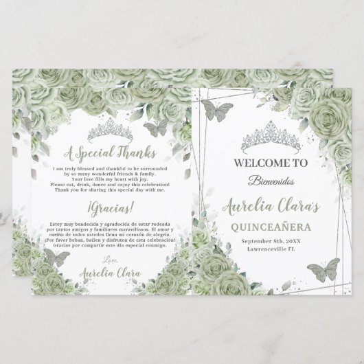 Budget Sage Groene Bloemen Quinceañera XV Programm (Voorkant / Achterkant)