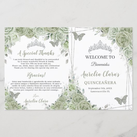Budget Sage Groene Bloemen Quinceañera XV Programm (Voorkant)
