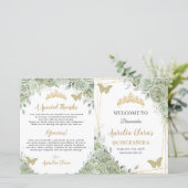 Budget Sage Groene Bloemen Quinceañera XV Programm (Staand voorkant)