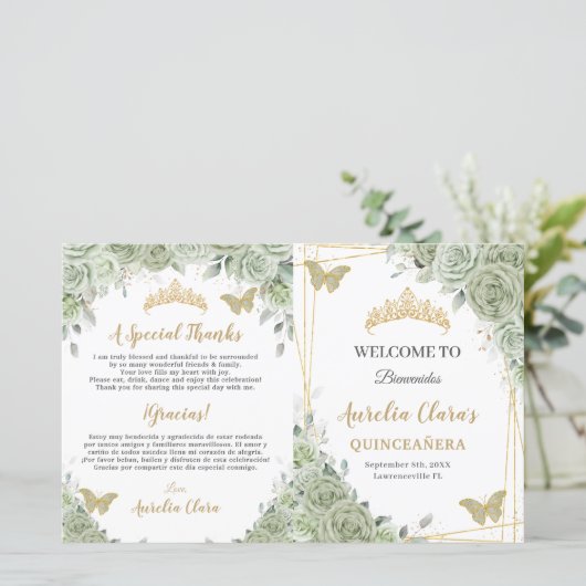 Budget Sage Groene Bloemen Quinceañera XV Programm (Staand voorkant)