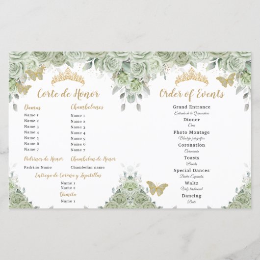 Budget Sage Groene Bloemen Quinceañera XV Programm (Achterkant)