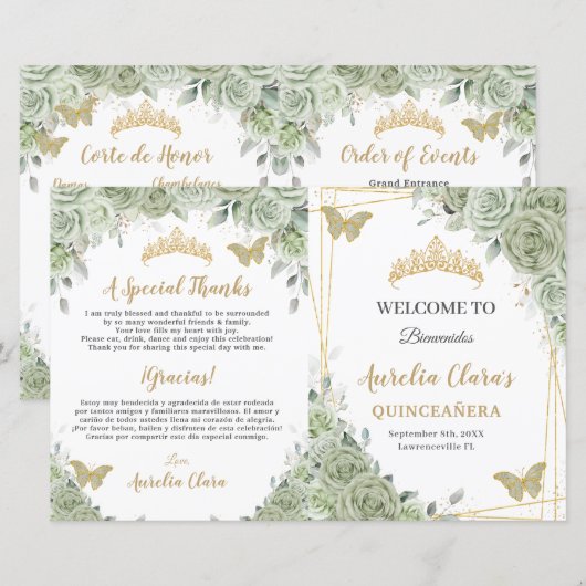 Budget Sage Groene Bloemen Quinceañera XV Programm (Voorkant / Achterkant)