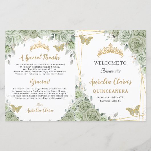 Budget Sage Groene Bloemen Quinceañera XV Programm (Voorkant)