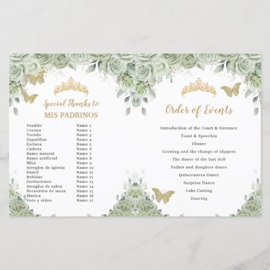 Budget Sage Groene Bloemen Quinceanera XV Programm (Achterkant)