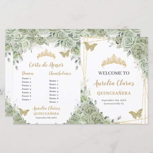 Budget Sage Groene Bloemen Quinceanera XV Programm (Voorkant / Achterkant)