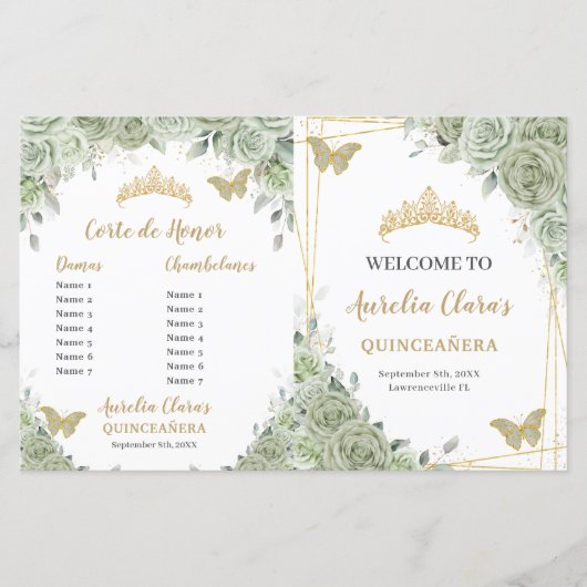 Budget Sage Groene Bloemen Quinceanera XV Programm (Voorkant)
