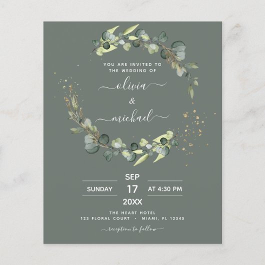 Budget Sage Groene Eucalyptus Bruiloft Uitnodiging (Voorkant)