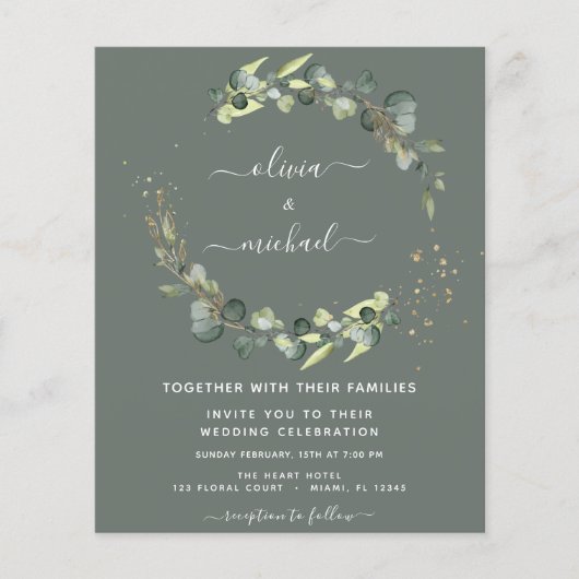 Budget Sage Groene Eucalyptus Bruiloft Uitnodiging Flyer (Voorkant)